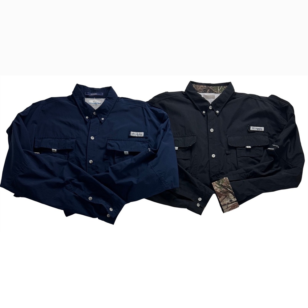 Lot 2 Columbia PFG Fishing Shirts Mens Large Bahama Long Sleeve Navy, Black Camo